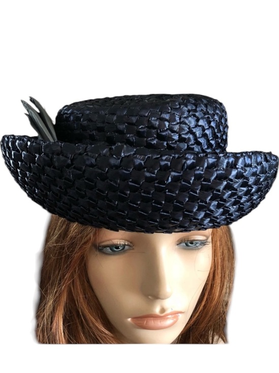 Vintage Blue Raffia Straw Hat w Feathers main image 5